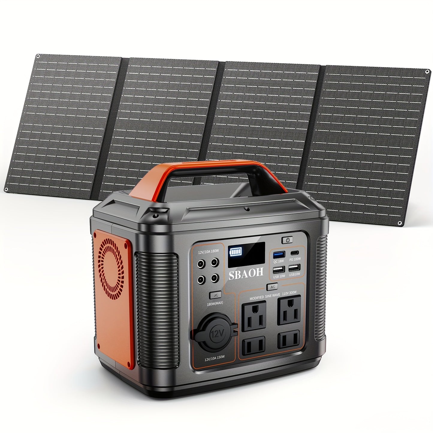 Solar Generator Portable Power Station 300W 296Wh | 60W Solar Panel AC DC USB Fast Charging LED Flashlight | Camping RV Emergency Backup Battery Orange