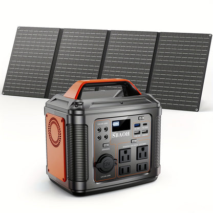 Solar Generator Portable Power Station 300W 296Wh | 60W Solar Panel AC DC USB Fast Charging LED Flashlight | Camping RV Emergency Backup Battery Orange