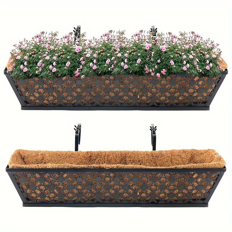 Window Box Planter 24 Inch with Coco Liner Adjustable Railing Brackets Cast Iron Flower Box for Porch Fence Balcony Patio Outdoor Garden Decor 2 Pack