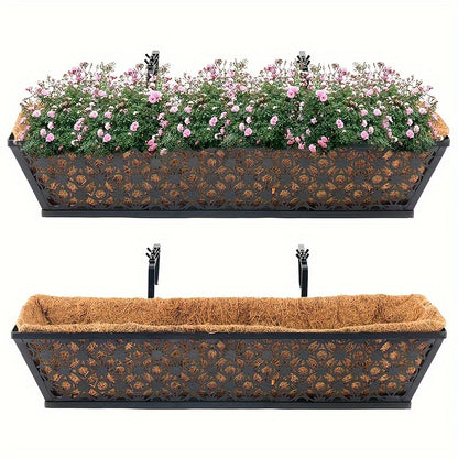 Window Box Planter 24 Inch with Coco Liner Adjustable Railing Brackets Cast Iron Flower Box for Porch Fence Balcony Patio Outdoor Garden Decor 2 Pack