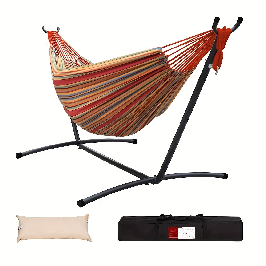 Double Hammock with Steel Stand 450 lbs Heavy Duty Portable Outdoor Indoor Carry Case Head Pillow No Assembly Camping Patio Backyard Multiple Colors