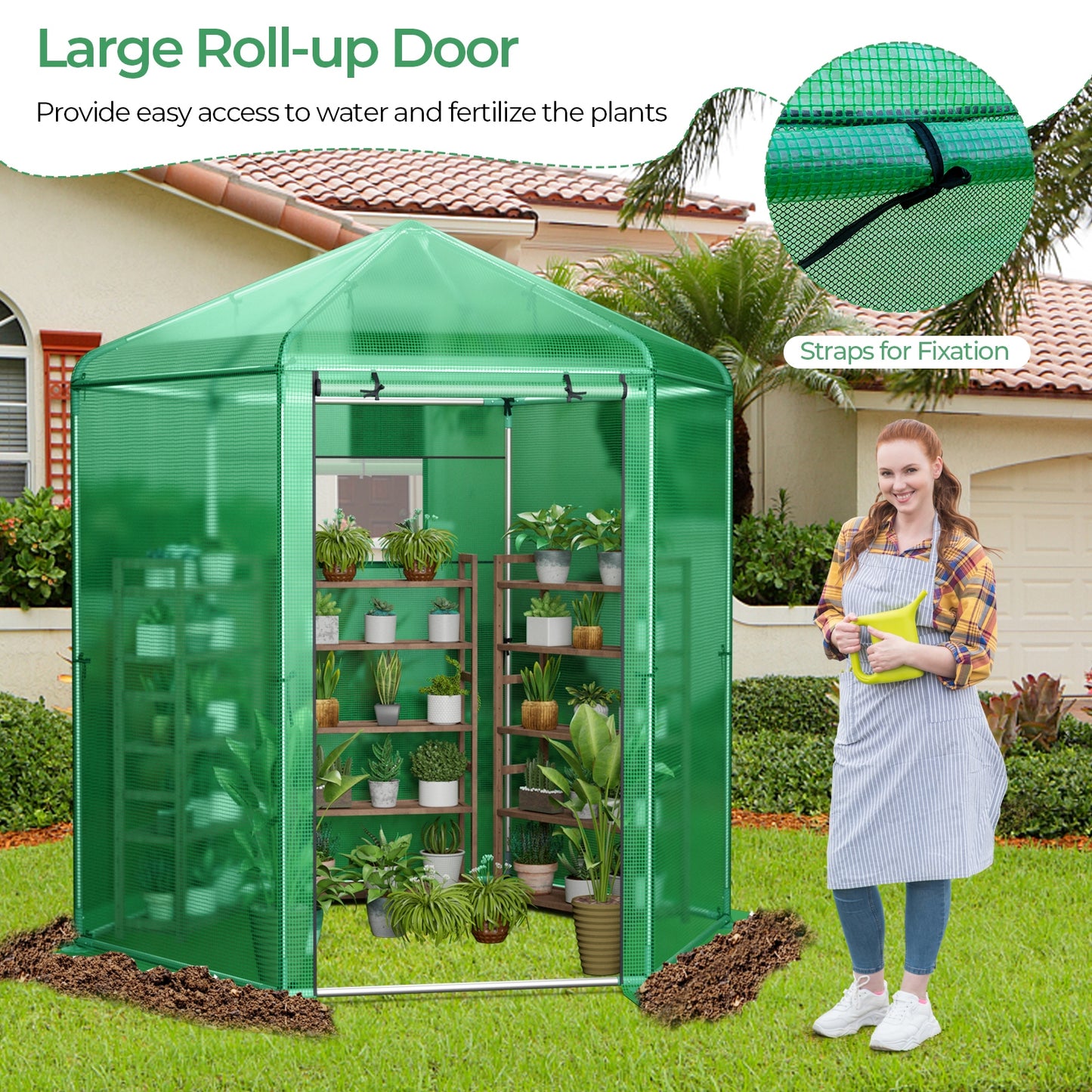 Walk-In Greenhouse 85"x72"x90" with PE Cover, Roll-Up Door & Mesh Window, 6 Ground Stakes & Ropes for Secure Outdoor Setup, Green