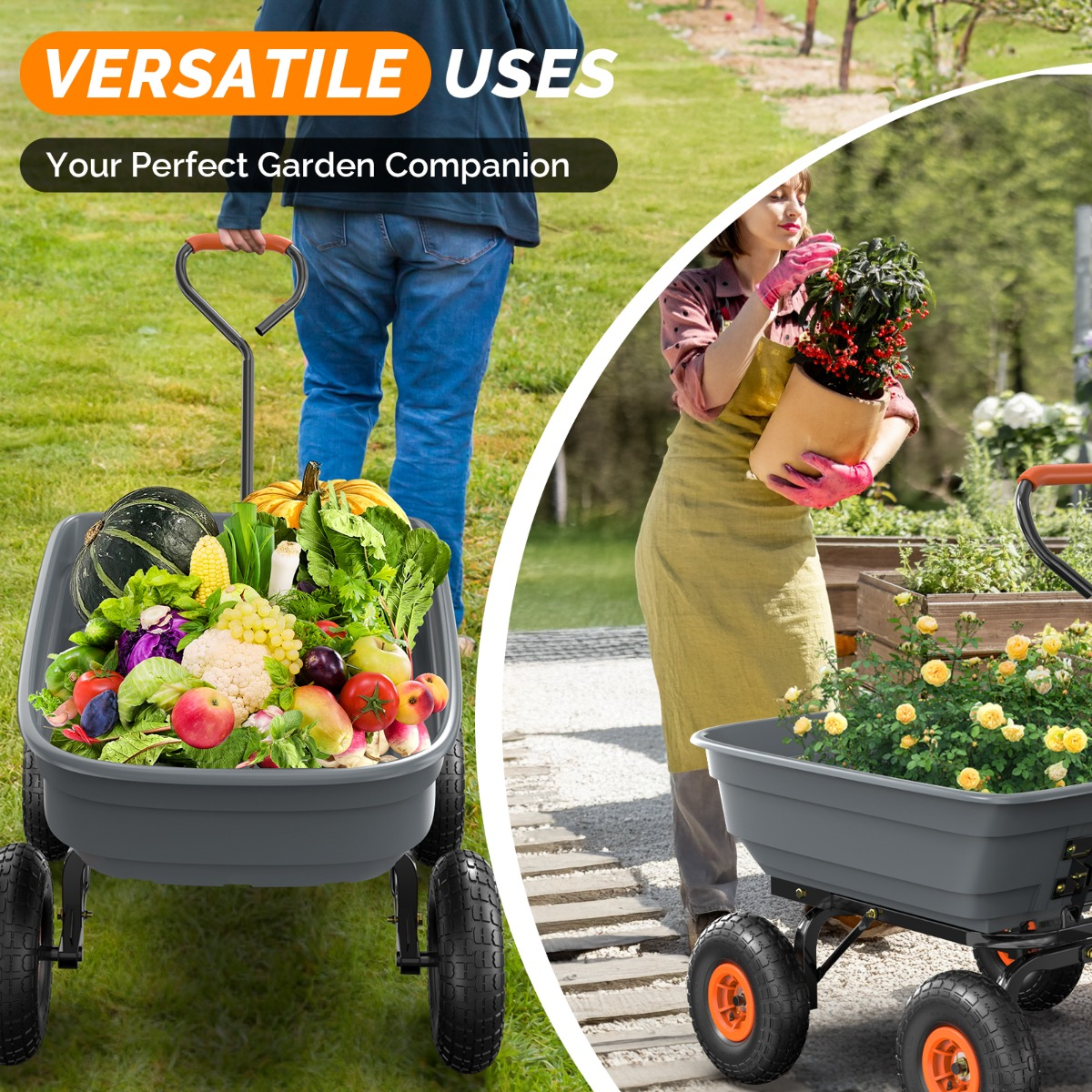 Garden Cart Dump Wagon 440 lbs Capacity, 4-Wheel Poly Cargo Cart with 2-in-1 Handle for Garden, Farm, Lawn and Yard Hauling, 44x26x39 in, Gray