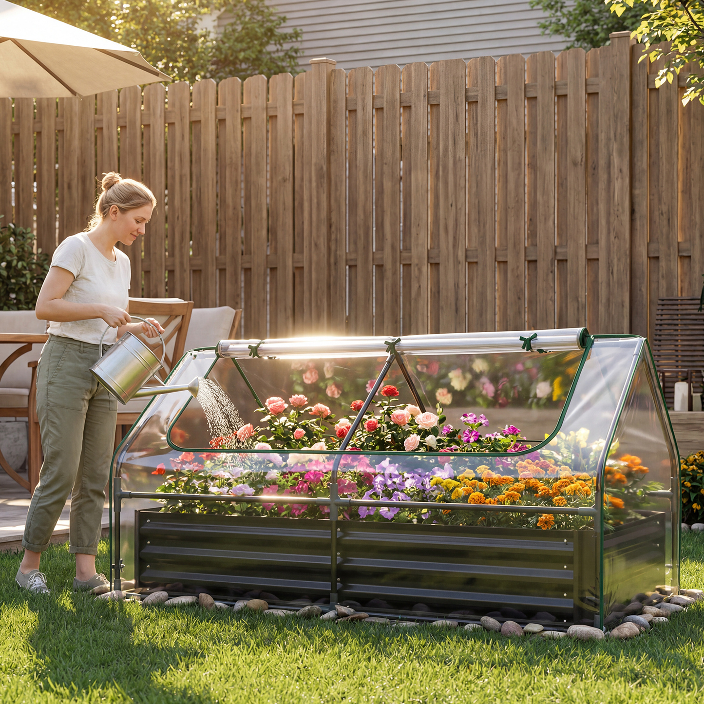 Raised Garden Bed with Greenhouse Cover 3-in-1, Metal Planter Box 71"x35.5"x36" with Dual Roll-Up Screen Windows & Open Bottom for Vegetables, Flowers & Herbs