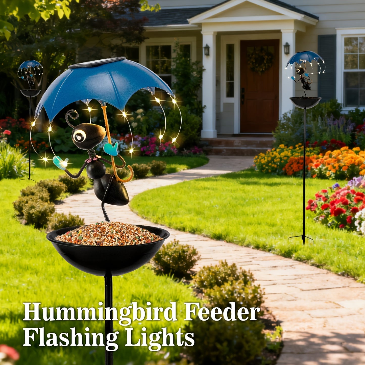Solar Frog Statue Garden Light with Bird Feeder & LED String Decor