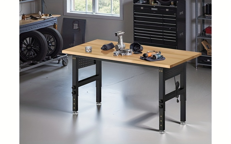 Workbench Heavy Duty Height Adjustable 28-40 Inch 2000 LBS Capacity Steel Frame Rubber Wood Top ETL Power Outlet Pegboard for Garage Workshop Home Office