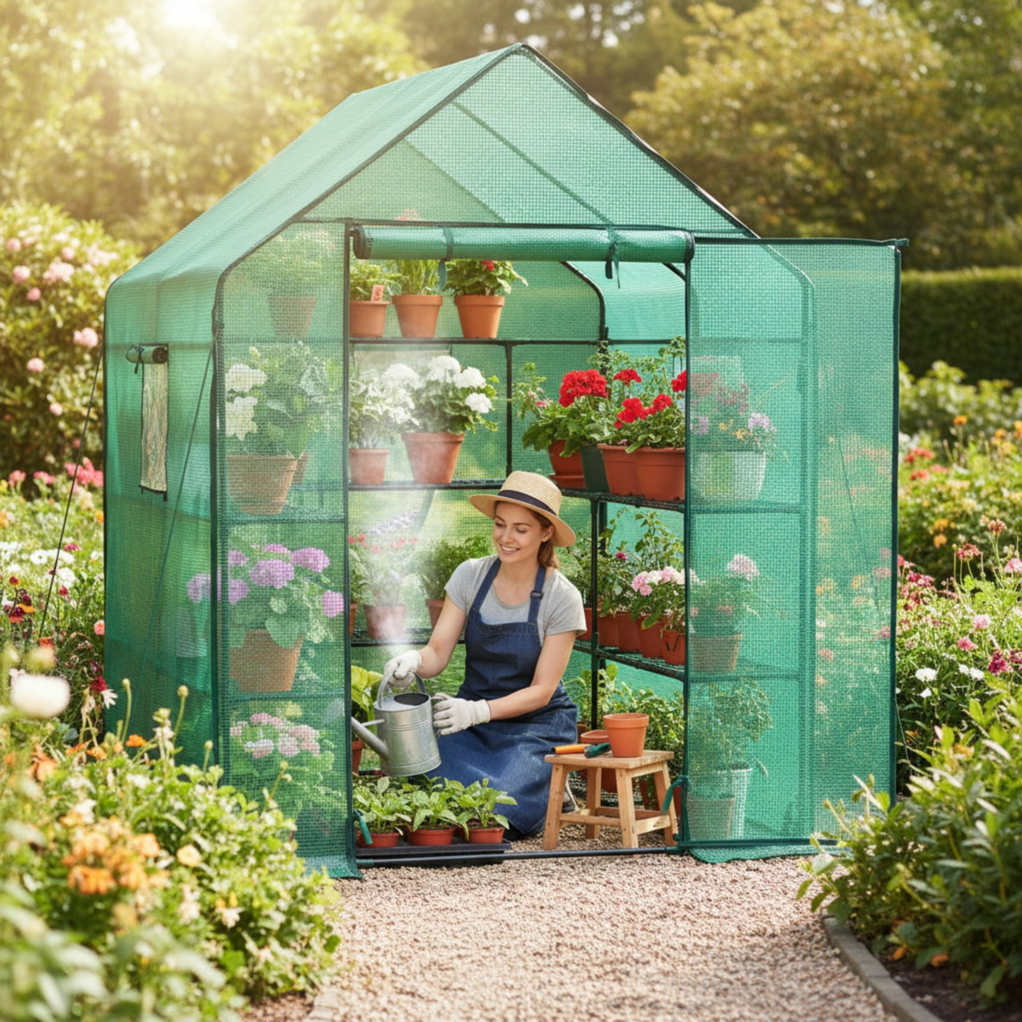 Walk-In Greenhouse Outdoor with Screen Windows – Heavy-Duty PE Cover, Portable Plant Shelter with Shelving Clips, Available in 27", 56" & 71" Sizes