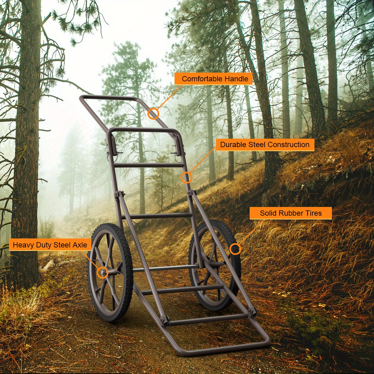 Deer Cart Folding Hunting Hauler 500 lbs Heavy-Duty Steel Frame 17" Wheels Utility Gear Dolly for Game & Tree Stand Transport