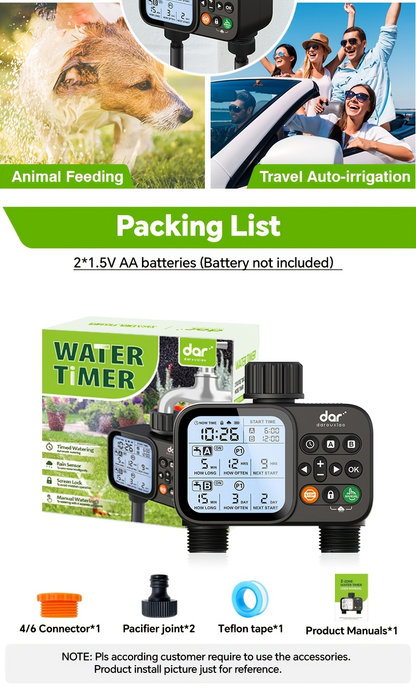 2 Zone Sprinkler Timer Garden Hose Water Timer with Rain Delay Programmable Faucet Controller