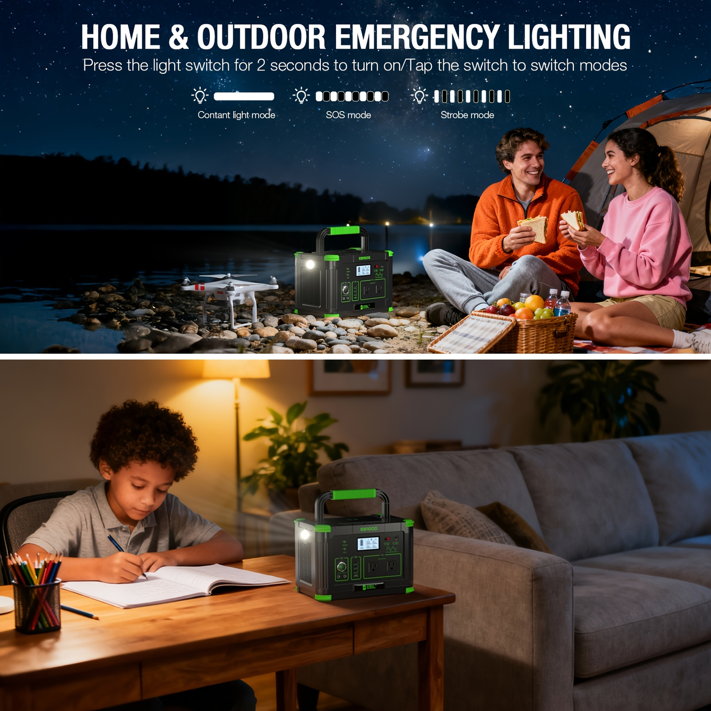 Battery Backup Power Station 1000W 999Wh | 2000W Peak Pure Sine Wave AC 110V PD 60W USB-C Solar Generator | Camping Home Emergency Road Trip