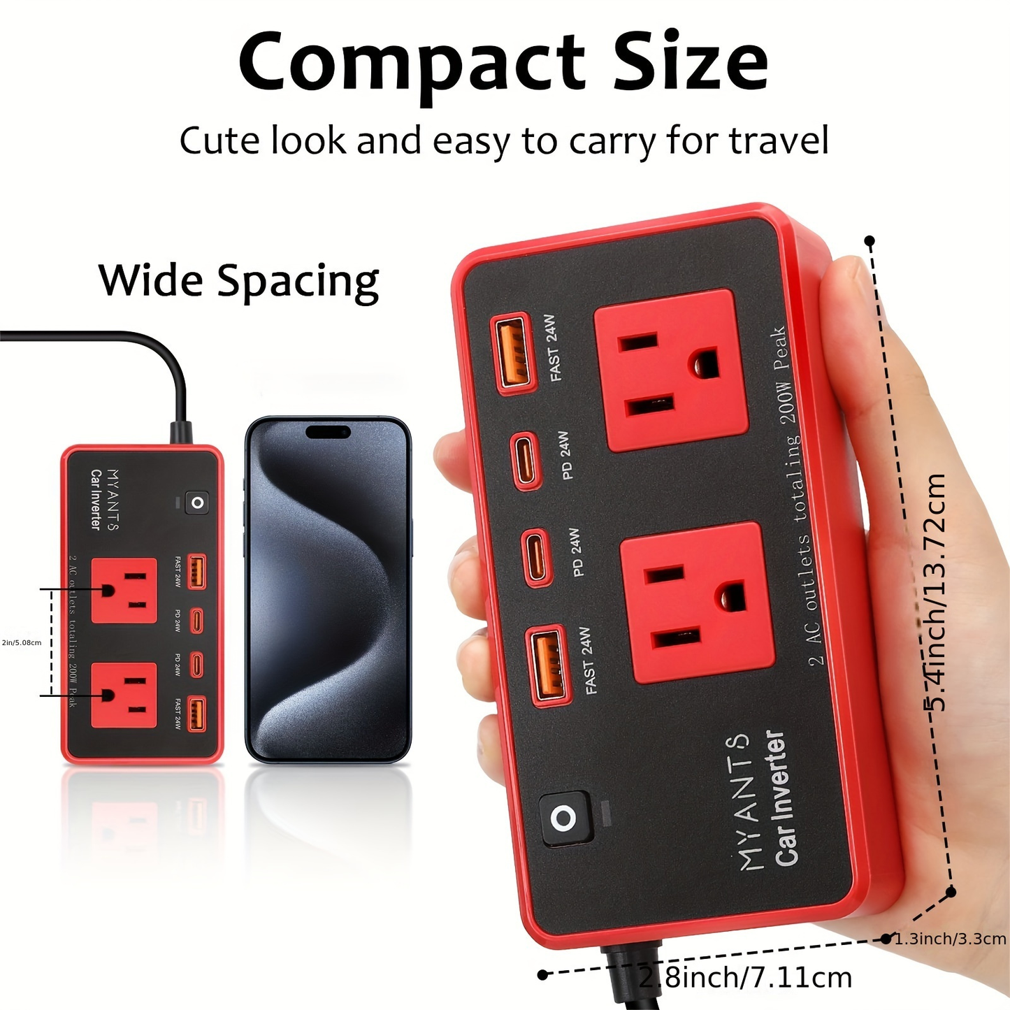 Vehicle Power Inverter 200W DC 12V to AC 110V 120V with 24W PD USB-C Fast Charging QC3.0 Multi-Port Car Charger Adapter for Phone Tablet Laptop Travel Road Trip