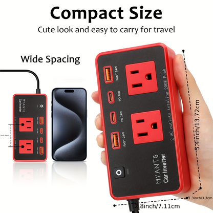 Vehicle Power Inverter 200W DC 12V to AC 110V 120V with 24W PD USB-C Fast Charging QC3.0 Multi-Port Car Charger Adapter for Phone Tablet Laptop Travel Road Trip