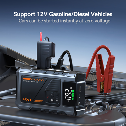 Jump Starter with Air Compressor 5000A Peak 150PSI Tire Inflator 5-in-1 Portable Car Battery Jump Pack for 8.0L Gas 6.5L Diesel Engine Digital Display Smart Cables 12V Power Bank