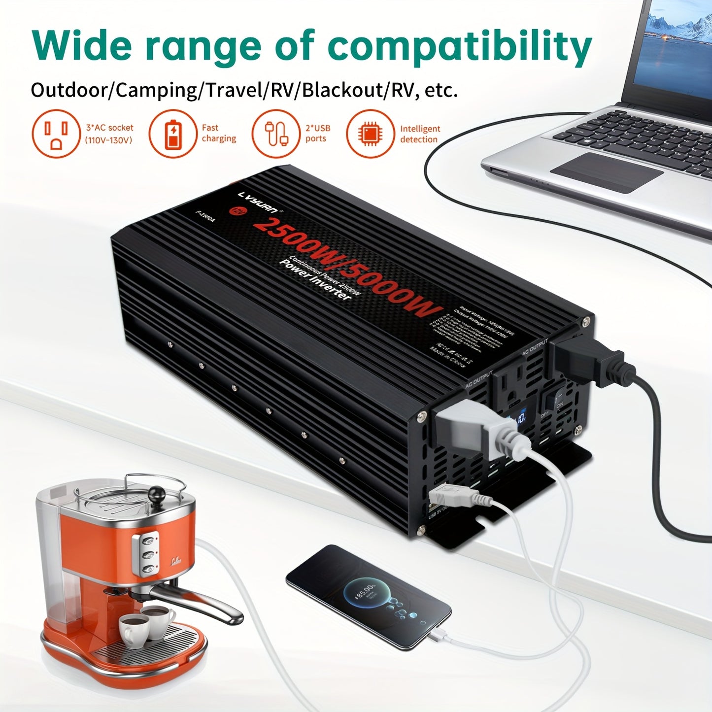 Power Inverter 500W / 2500W 12V DC to 110V AC - 3 AC Outlets & Dual USB Ports, LED Display, Car Inverter for Boat, Vehicle, RV, Truck & Camping Off-Grid Power