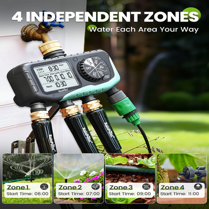 Garden Irrigation System 4-Zone – Automatic Watering Controller with Brass Head, Manual & Rain Delay Modes, Independent Zone Scheduling
