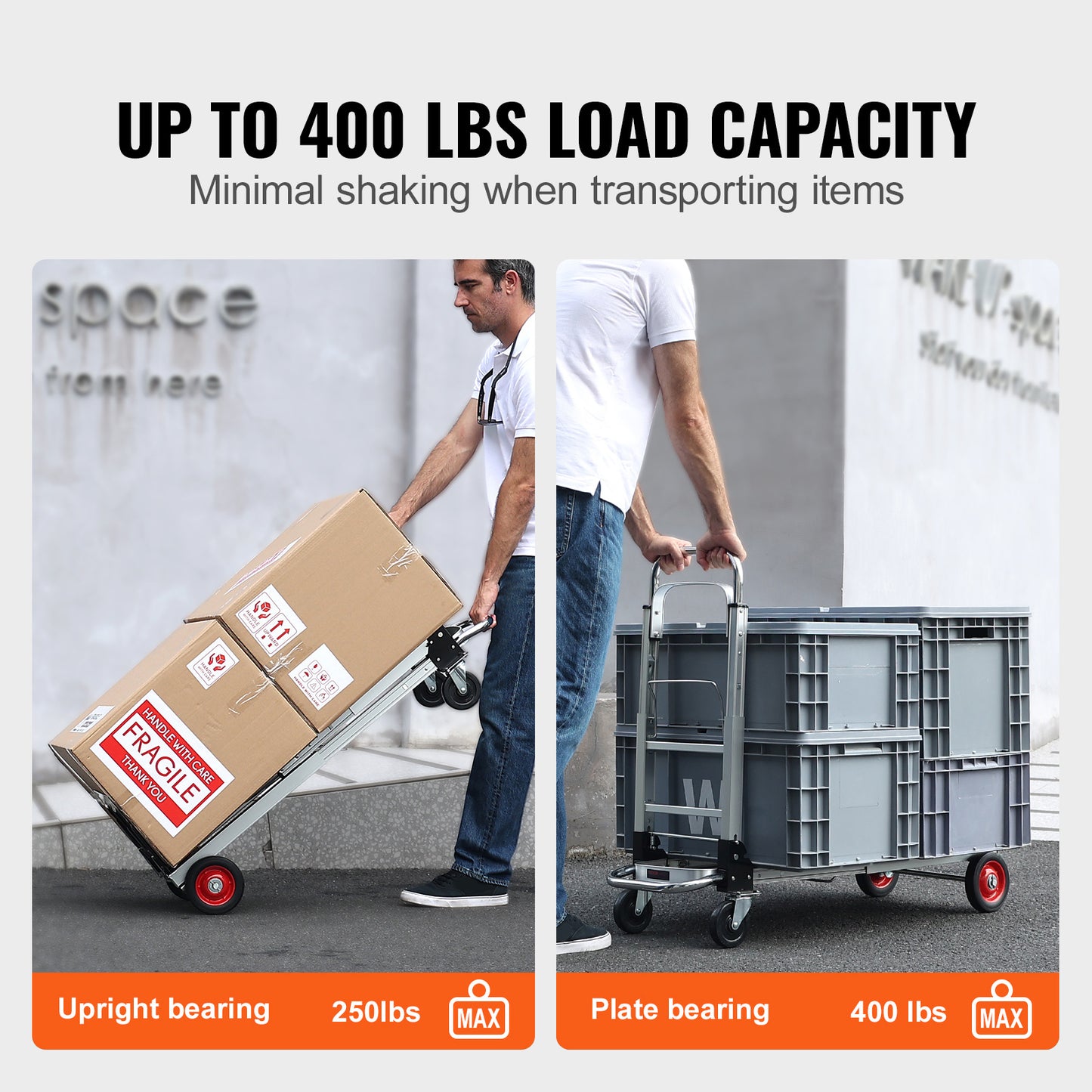Folding Hand Truck 2-in-1 Convertible 400 LB Capacity Aluminum Carbon Steel Frame 360° Brake Wheels Collapsible Dolly Cart for Warehouse Garden Moving