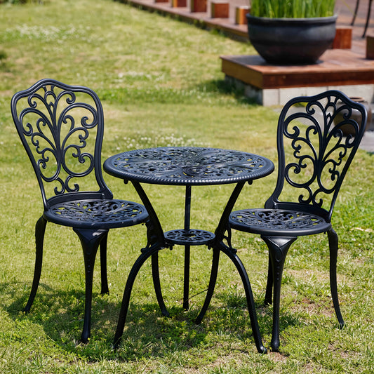 Patio Bistro Set 3 Piece Cast Aluminum Outdoor Table and 2 Chairs with Umbrella Hole All Weather Front Porch Balcony Furniture Set Black