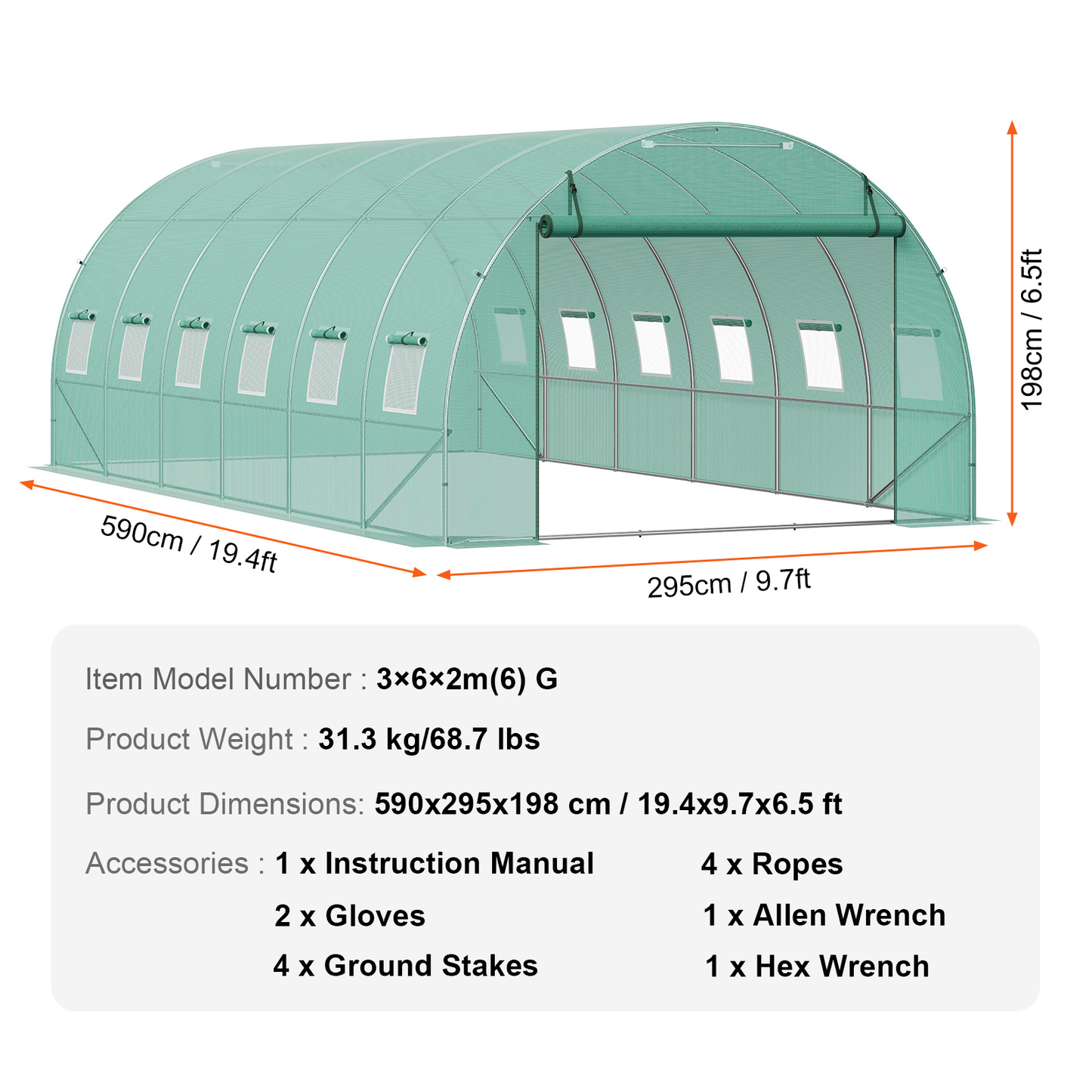 Tunnel Greenhouse Heavy Duty Galvanized Frame 140g/m² PE Cover, 6 Vent Windows Walk-In Hoop House for Garden & Farm, Multiple Sizes