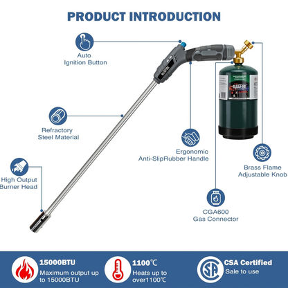 Propane Weed Torch Self Igniting | Garden Ice Melt Fire Starter Burner