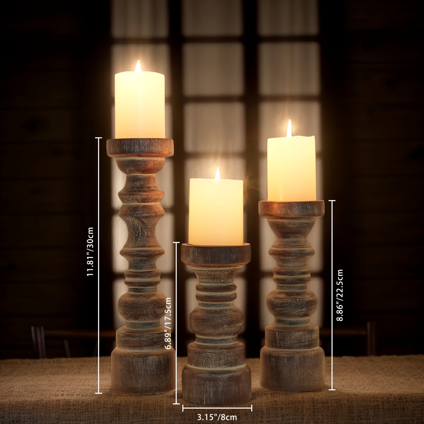 Pillar Candle Holders Set of 3 Rustic Farmhouse Wood Brown Centerpiece Table Fireplace Mantel Coffee Table Home Decor Gift