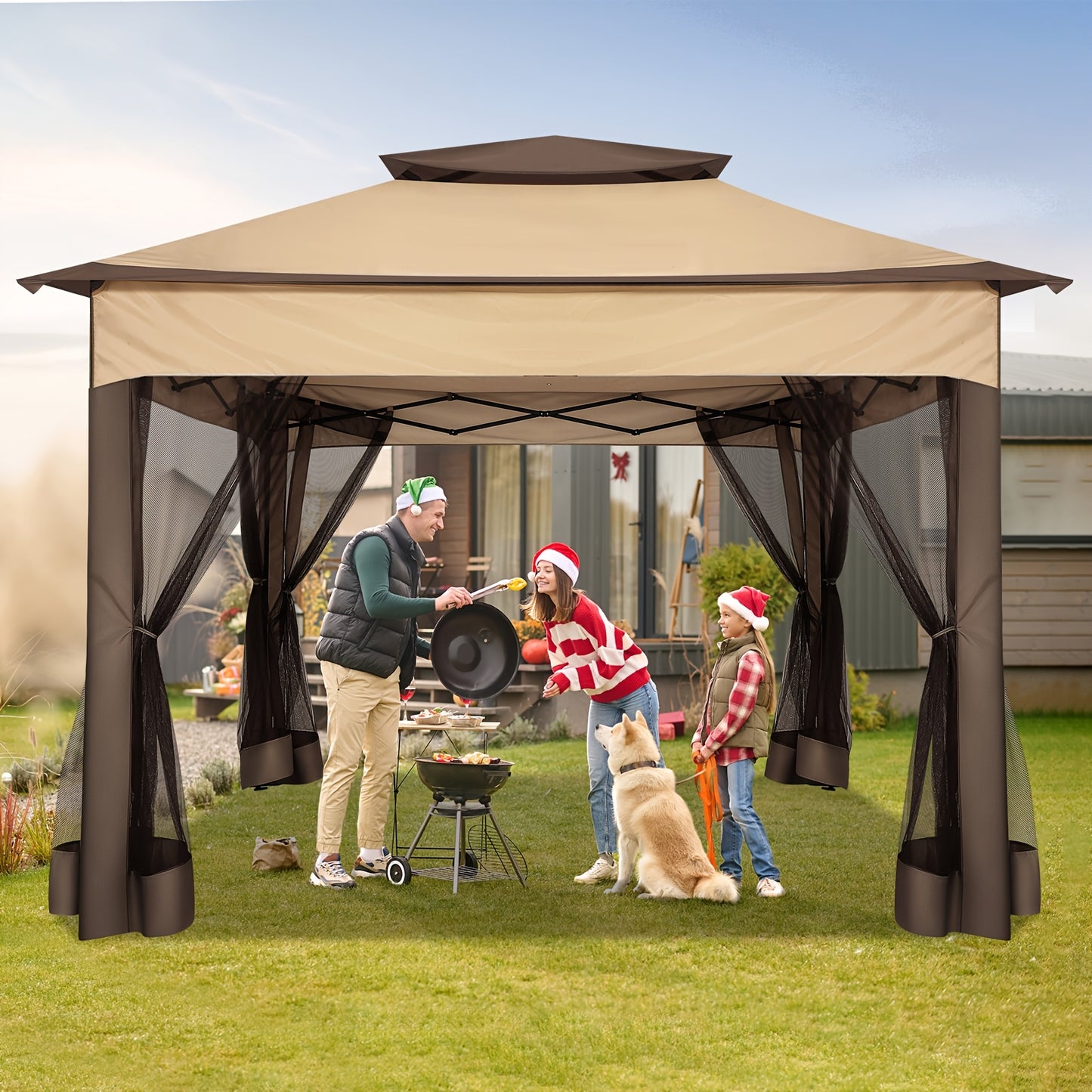 Patio Gazebo Pop-Up Double Roof Mosquito Net 11x11 12x12ft Shade