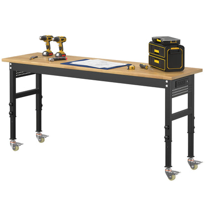 Garage Workbench Solid Wood Tool Desk with Drawers, Power Outlets & Swivel Casters, 48"/60"/70" Heavy-Duty Workshop Bench for Home Garage & Workshop