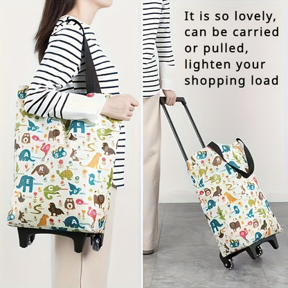 Folding Shopping Cart 2-in-1 Oxford Large Capacity Portable Tote Bag Reusable Grocery Bag on Wheels for Camping Business Delivery Market Travel Daily Use