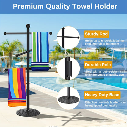 Pool Towel Rack Freestanding Outdoor – 3-Bar Iron Towel Stand with Hooks, Windproof Wide Base, No Sand Needed, Rust-Resistant for Poolside Hot Tub Spa Beach Bathroom Patio