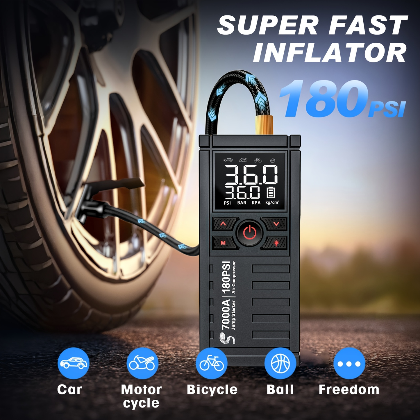 7000A Jump Starter 8-in-1 29800mAh with Air Compressor Tire Inflator SOS LED Flashlight Power Bank for 10L Gas 8.5L Diesel Cars Trucks RV Motorcycle Boat