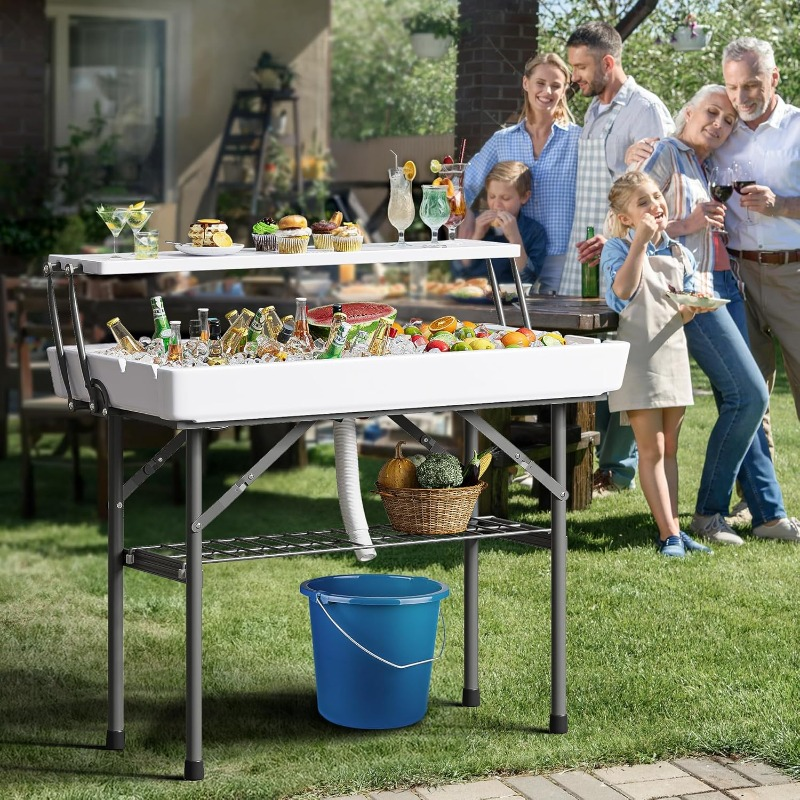 2-Tier Ice Table 40.5" Folding Bar Cooler with Drain, Skirt & Metal Shelf, Double-Layer Outdoor Beverage Station for Parties, BBQ & Camping