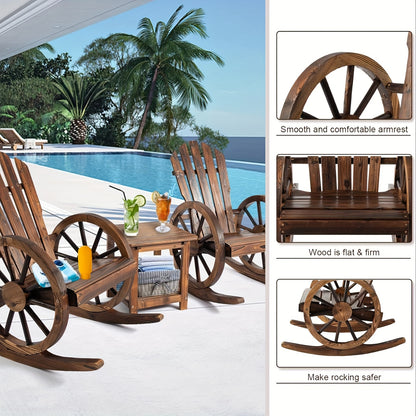 Outdoor Wood Rocking Chair Set – Patio Wagon Wheel Rustic Rocker with Side Table for Porch, Yard & Country Garden