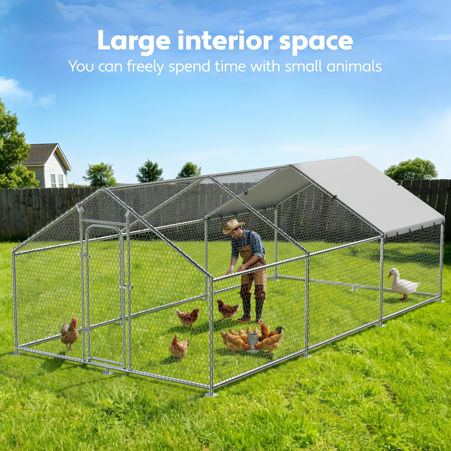 Dog Kennel Outdoor Large Metal Walk-in Chicken Run Pen Poultry Cage with Anti-UV Cover Movable Rack or Dolly 2 Sizes for Farm Backyard Chickens Dogs Rabbits