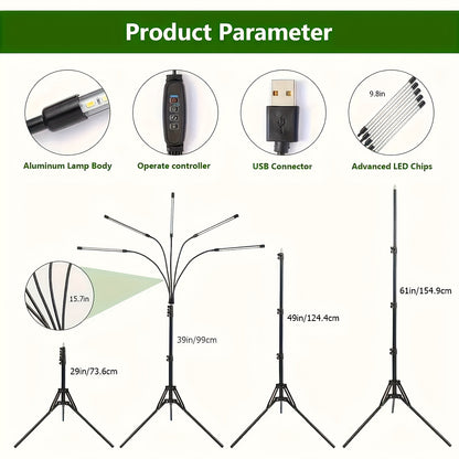Tripod Grow Light Stand 4/5/6 Head Full Spectrum USB | Adjustable Tripod Stand Auto On/Off Timer | Indoor Plant Growth Lamp Floor Standing Flexible