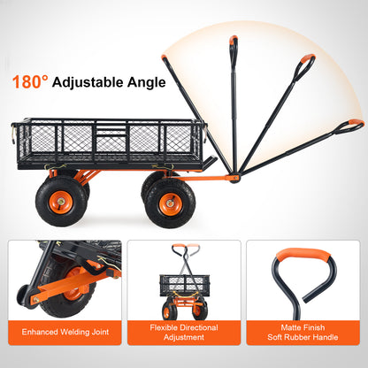 Garden Dump Cart 880LBS Convertible Flatbed Utility Wheelbarrow with 2-in-1 Handle, Removable Side Panels, Mesh Cover & 10" Rubber Tires – 400/600/880 LBS