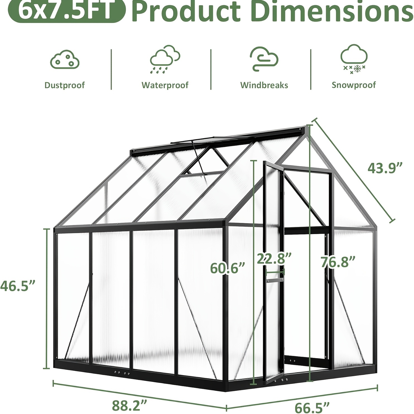 Polycarbonate Greenhouse with Aluminum Frame – Walk-In Outdoor Garden Greenhouse with Roof Ventilation, Lockable Door & UV Protection, 4x6 / 6x7.5 / 10x12 FT