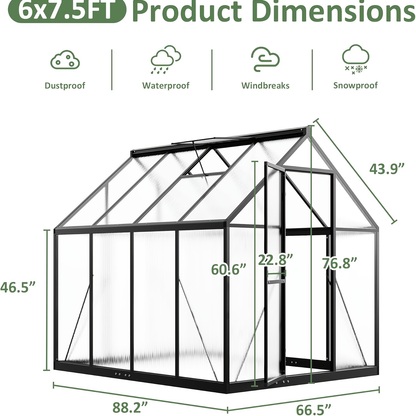 Polycarbonate Greenhouse with Aluminum Frame – Walk-In Outdoor Garden Greenhouse with Roof Ventilation, Lockable Door & UV Protection, 4x6 / 6x7.5 / 10x12 FT