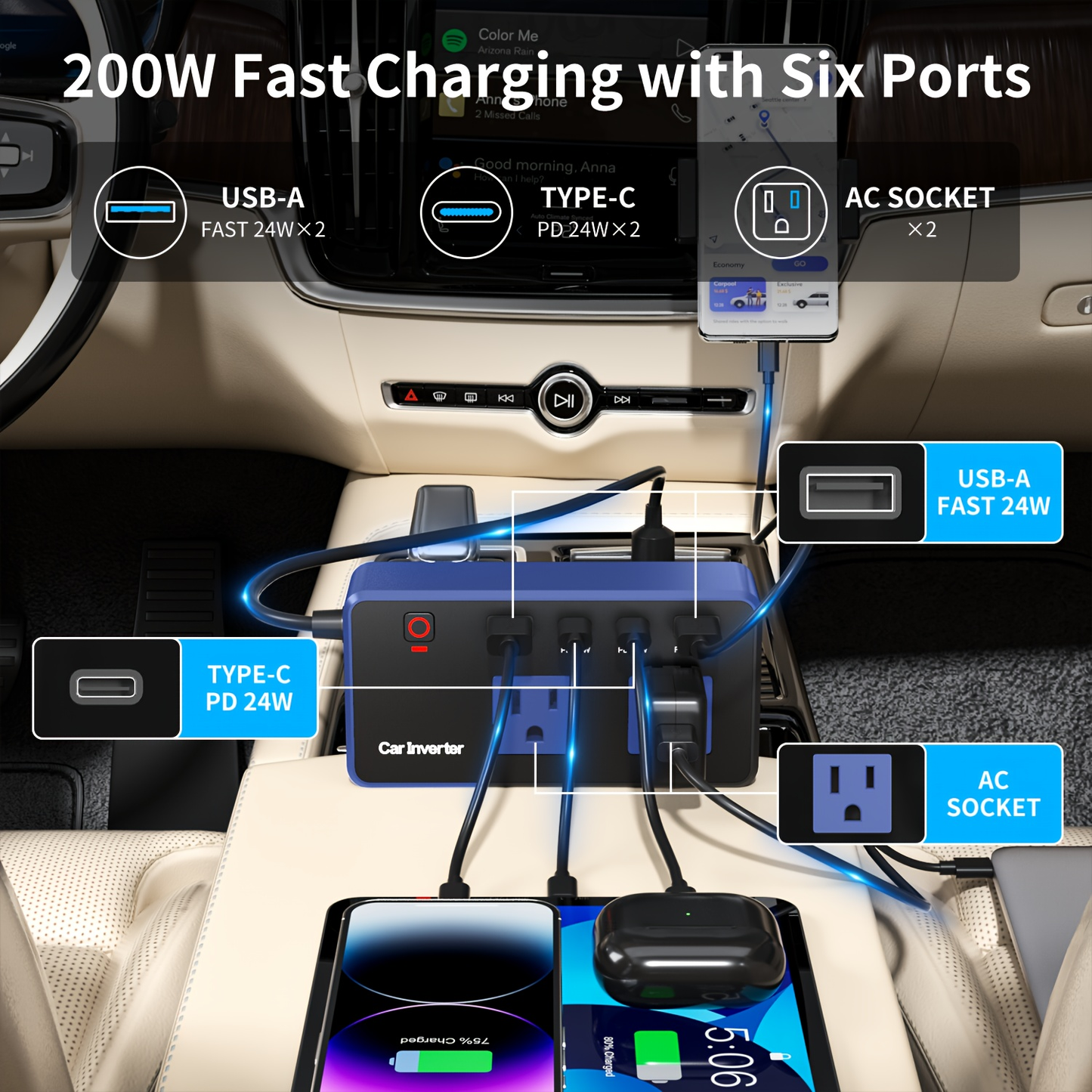 Car Inverter Charger 200W DC 12V to AC 110V with PD 24W USB-C QC 24W Quick Charge Car Plug Adapter US Socket for Vehicle Office Camping Road Trip Travel Blue