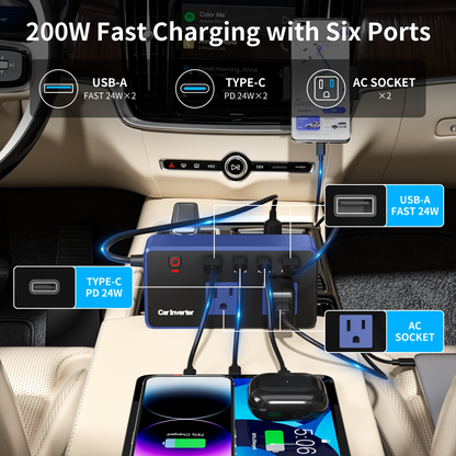 Car Inverter Charger 200W DC 12V to AC 110V with PD 24W USB-C QC 24W Quick Charge Car Plug Adapter US Socket for Vehicle Office Camping Road Trip Travel Blue