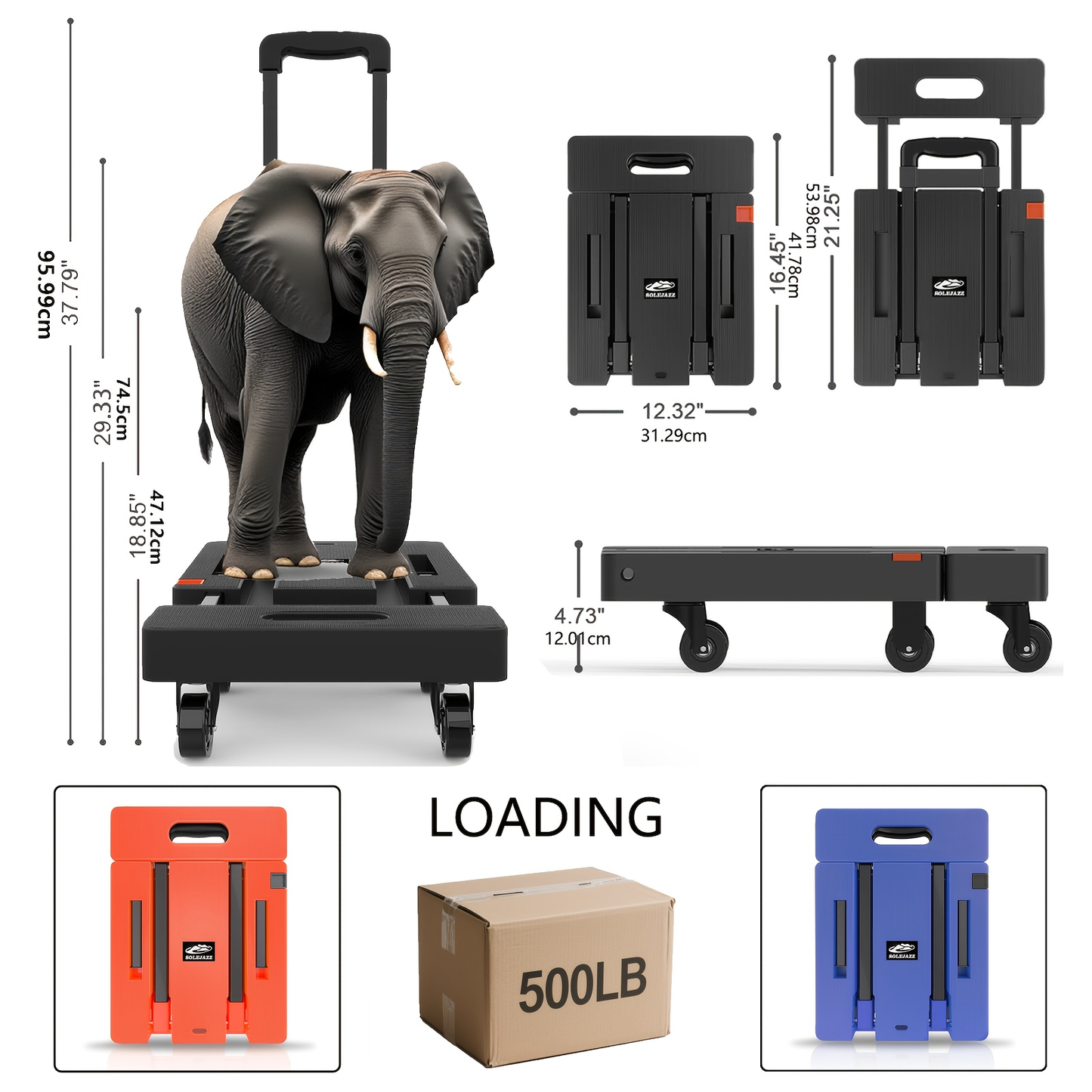 Folding Hand Truck Dolly 500LB Heavy Duty, Collapsible Luggage Cart with 6 Wheels & 2 Elastic Straps for Moving, Travel, Shopping, Office & Warehouse