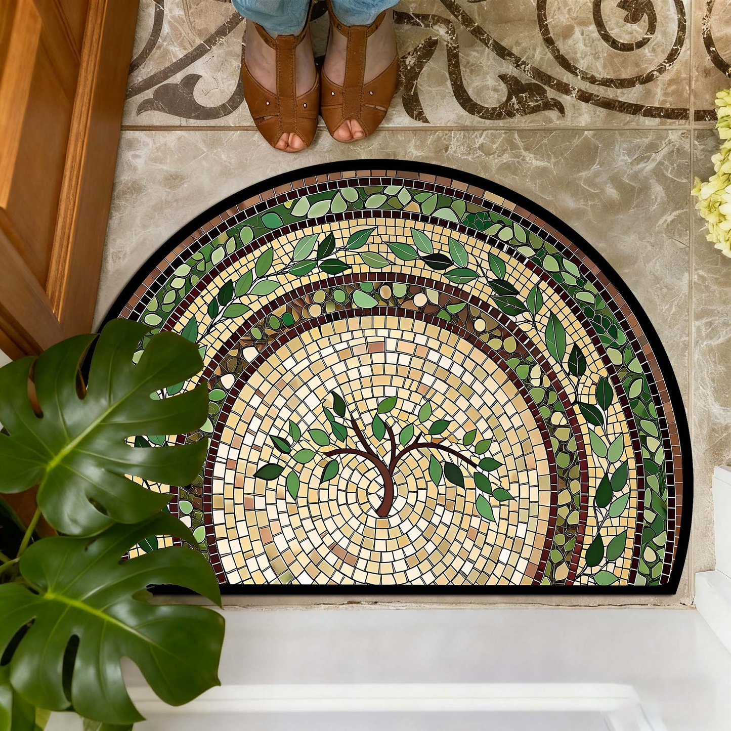 Non-Slip Bathroom Rug Semicircle Bath Mat, Crystal Velvet Soft Absorbent Floor Mat, Vintage Mosaic Vine Pattern, 60x90cm Entry Mat for Bathroom Bedroom Kitchen