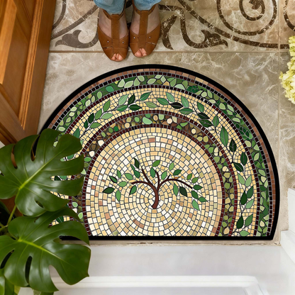 Non-Slip Bathroom Rug Semicircle Bath Mat, Crystal Velvet Soft Absorbent Floor Mat, Vintage Mosaic Vine Pattern, 60x90cm Entry Mat for Bathroom Bedroom Kitchen