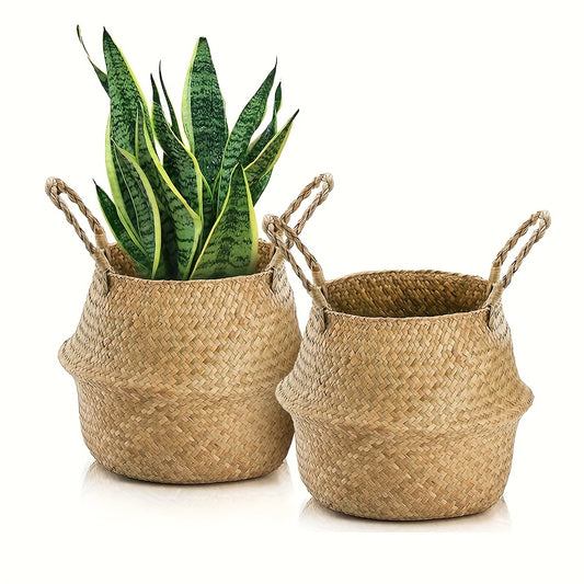 Woven Storage Baskets 2-Pack with Handles – Rattan Bamboo Handheld Organizer for Laundry, Flowers, Beach, Shopping & Indoor Plant Pots, Foldable Design