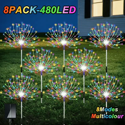 Solar Fireworks Lights 480 LED 8-Pack, IPX4 Waterproof 8 Modes