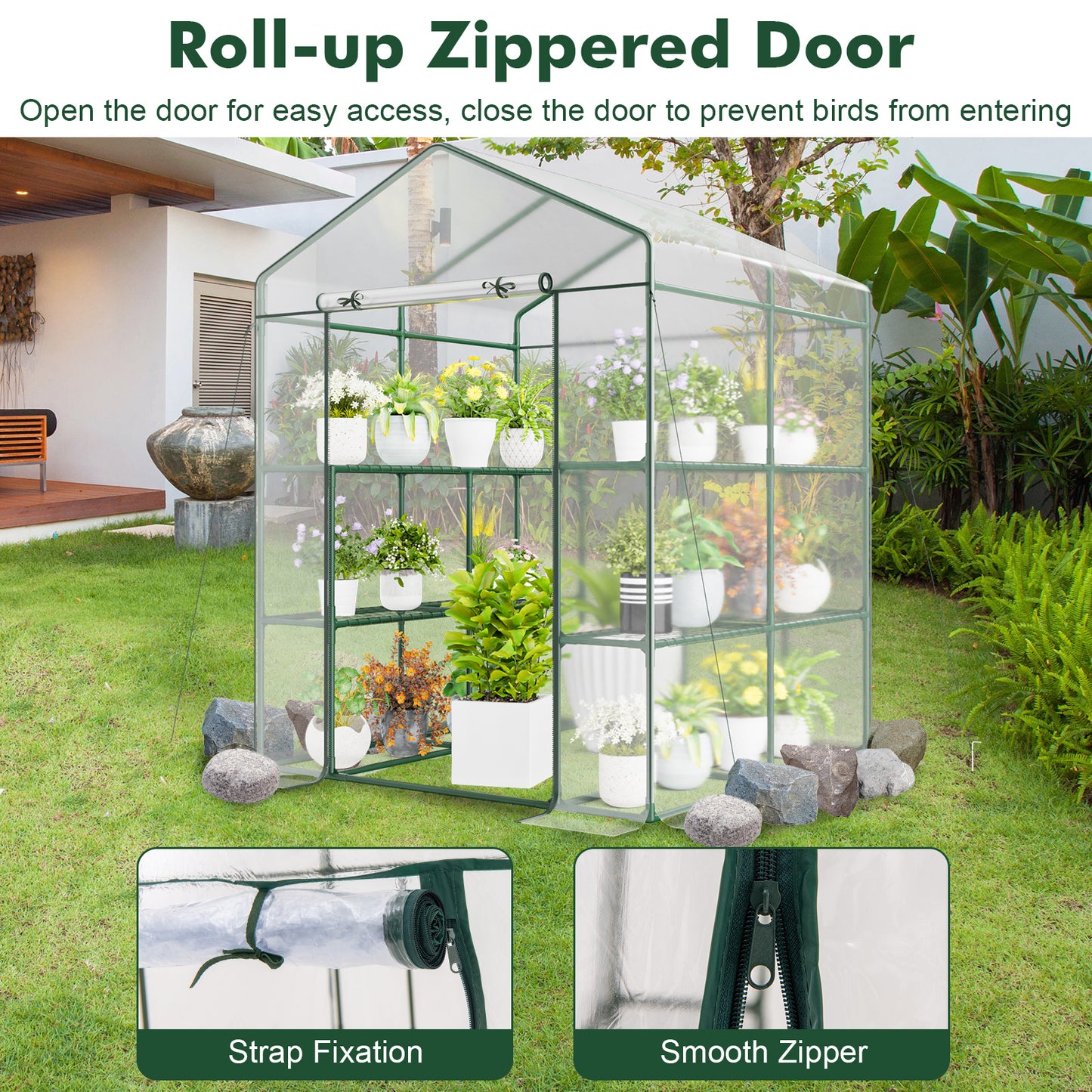 Mini Greenhouse Walk-In 55"x57"x77" with 8 Mesh Shelves, Transparent PVC Cover, Roll-Up Zippered Door & Heavy-Duty PE-Coated Metal Frame for Garden & Yard