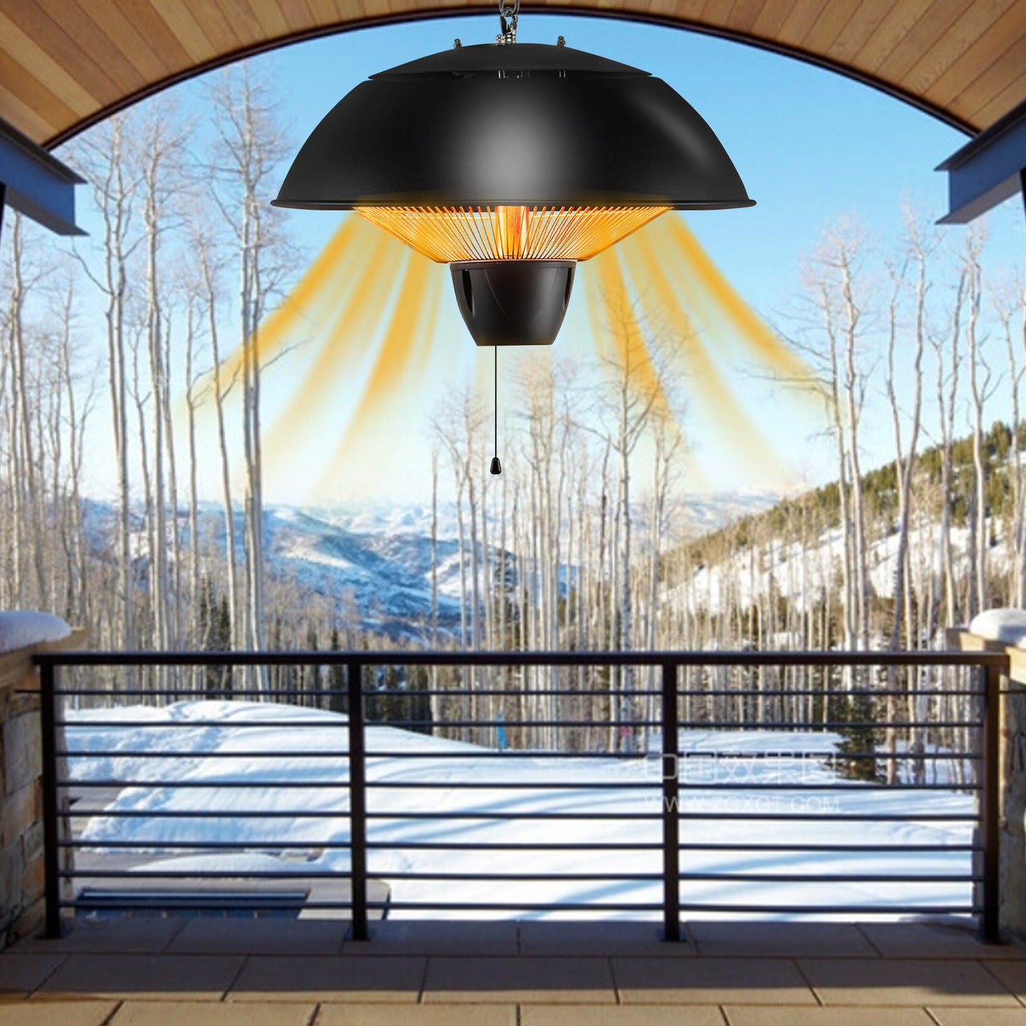 Hanging Patio Heater 1500W Electric Ceiling Mounted Heater with Halogen Tubes, 360° Coverage, Adjustable 23" Chain, Pull Switch, Dual Heat & Light Function for Garage, Balcony, Gazebo & Courtyard