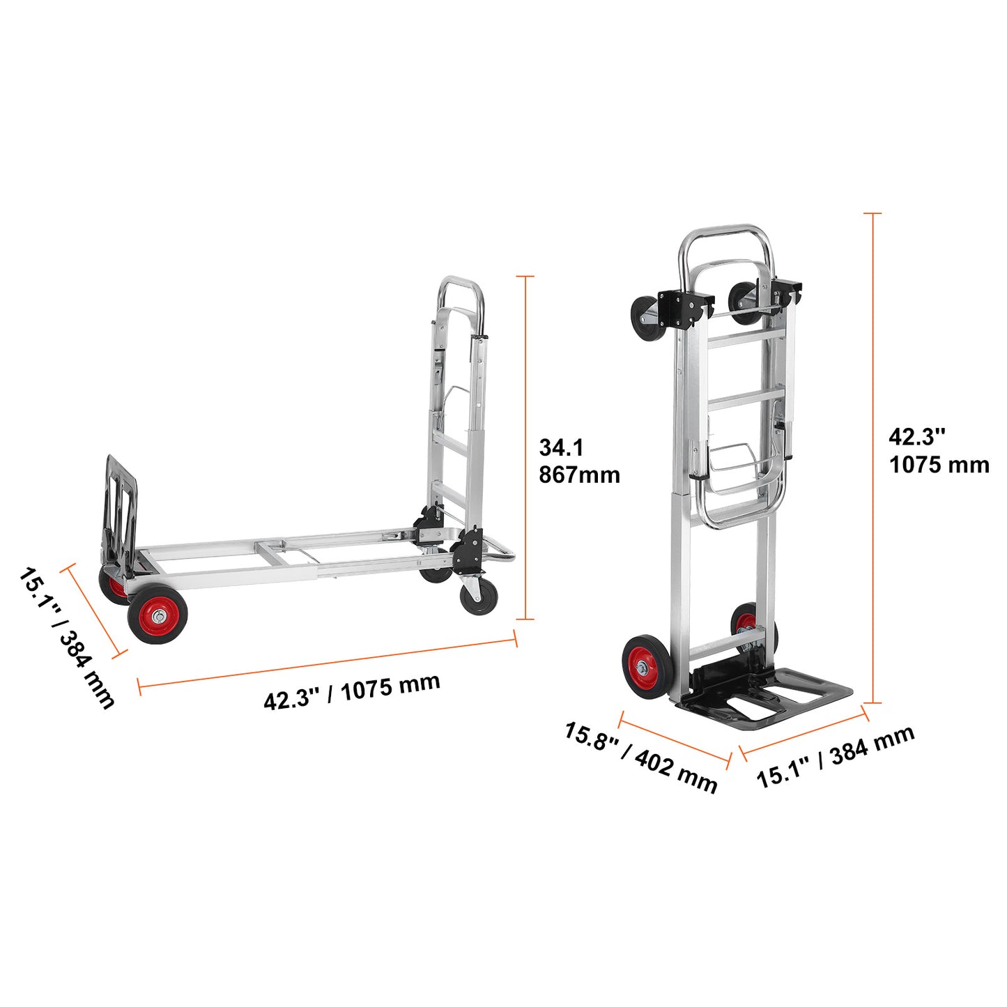 Folding Hand Truck 2-in-1 Convertible 400 LB Capacity Aluminum Carbon Steel Frame 360° Brake Wheels Collapsible Dolly Cart for Warehouse Garden Moving