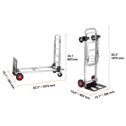 Folding Hand Truck 2-in-1 Convertible 400 LB Capacity Aluminum Carbon Steel Frame 360° Brake Wheels Collapsible Dolly Cart for Warehouse Garden Moving