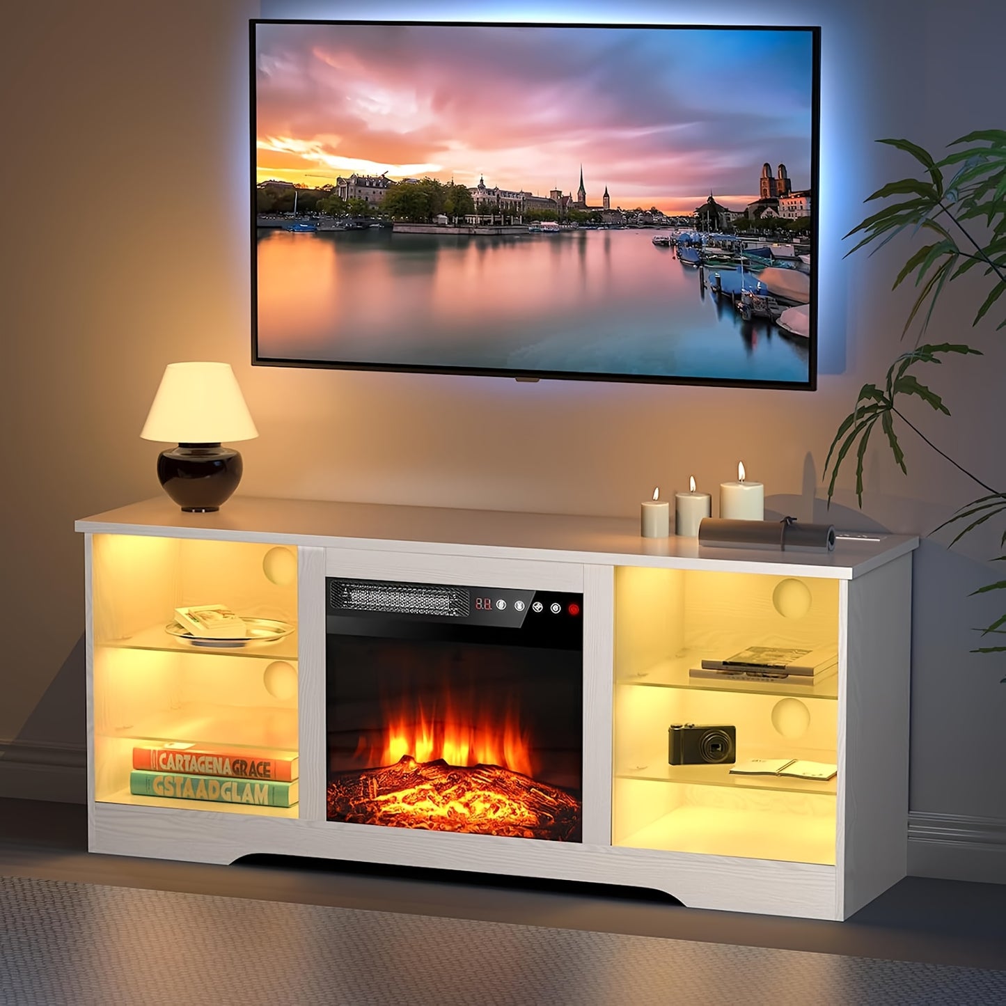 Fireplace TV Stand with 18" Electric Fireplace Insert, 58" Entertainment Center with LED Leg Lights, Media Console for TVs Up to 65", Adjustable Glass Shelves & Storage Cabinets, Black/Gray/White/Beige/Brown