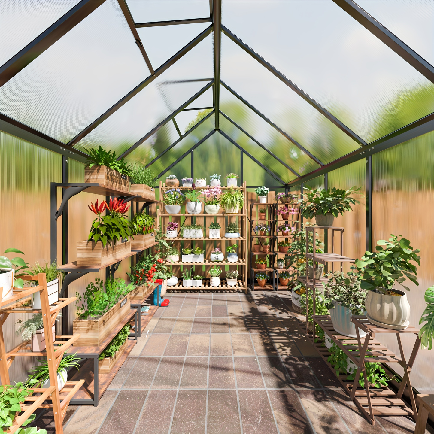 Polycarbonate Greenhouse with Aluminum Frame – Walk-In Outdoor Garden Greenhouse with Roof Ventilation, Lockable Door & UV Protection, 4x6 / 6x7.5 / 10x12 FT