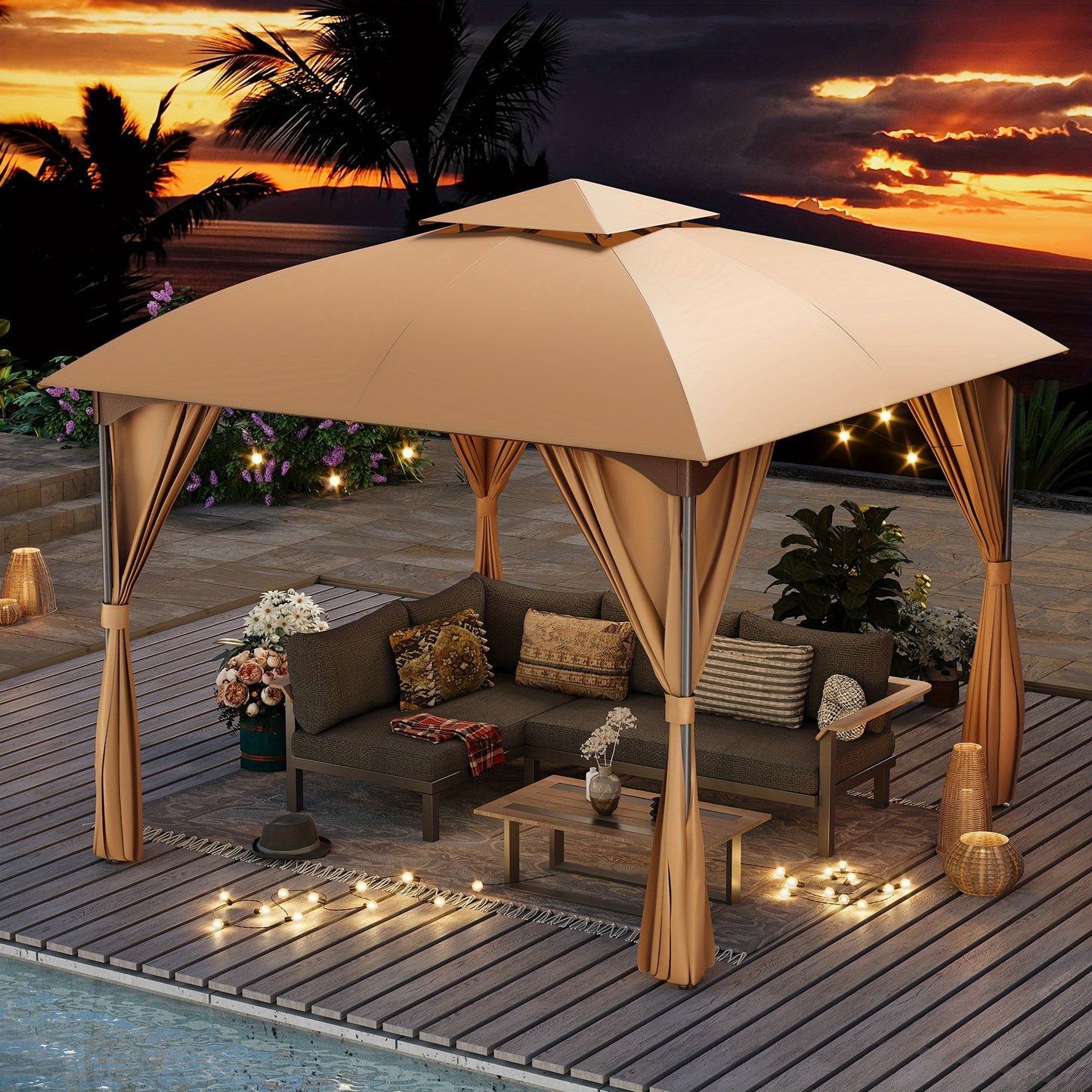 Gazebo Canopy Tent 10x10ft Arch Double Roof Mosquito Net Curtains